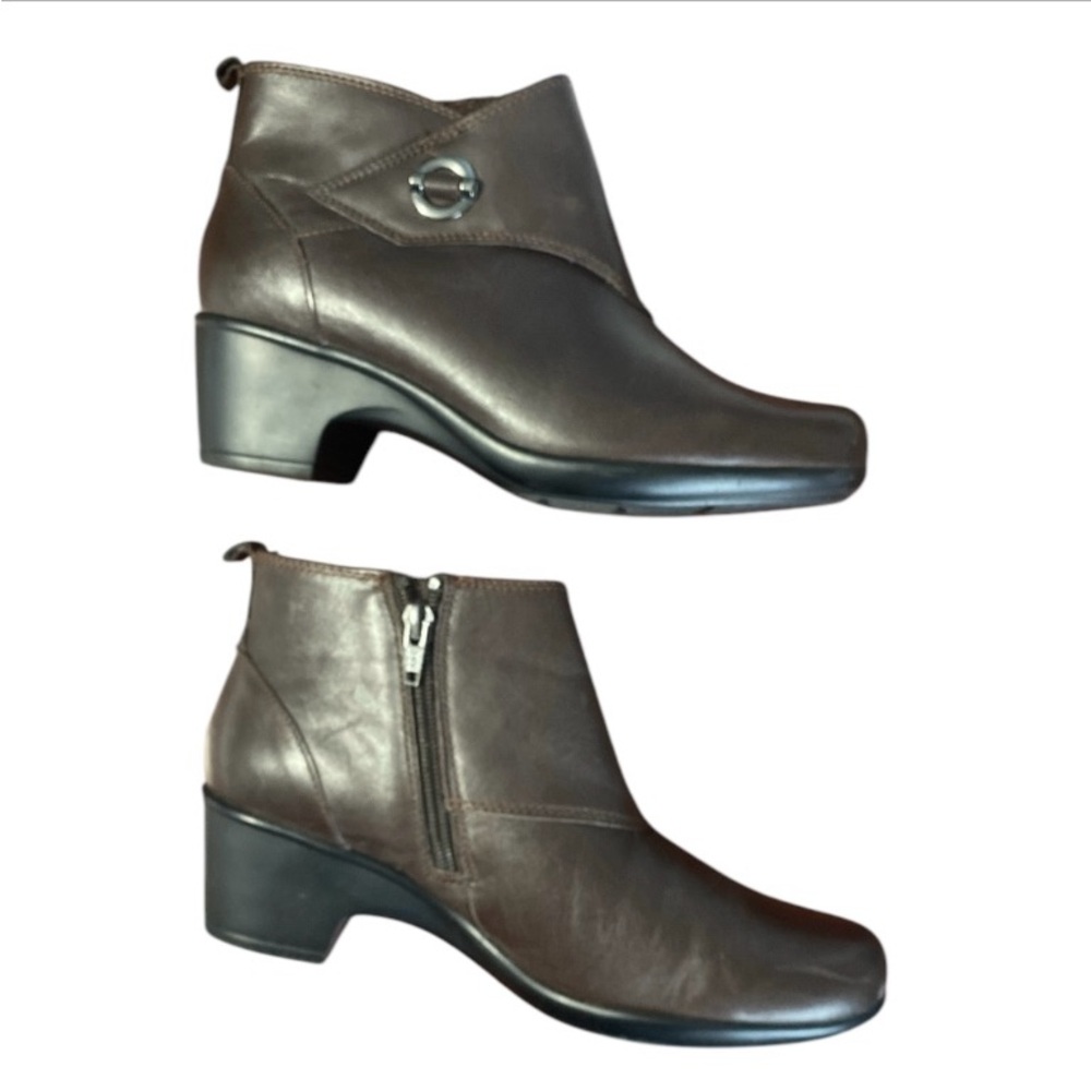 Malia Surf Brown Leather Ankle Booties Side Zip Buckle Sz 7.5 Comfort EUC